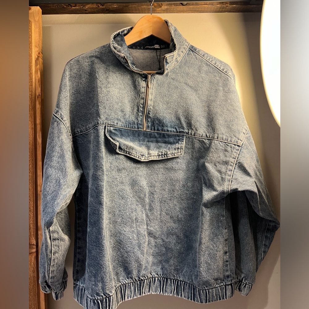 Quarter zip jean jacket boohoo blue size 9